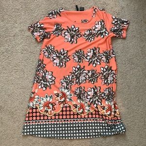 Petite medium coral, white and green flower dress.